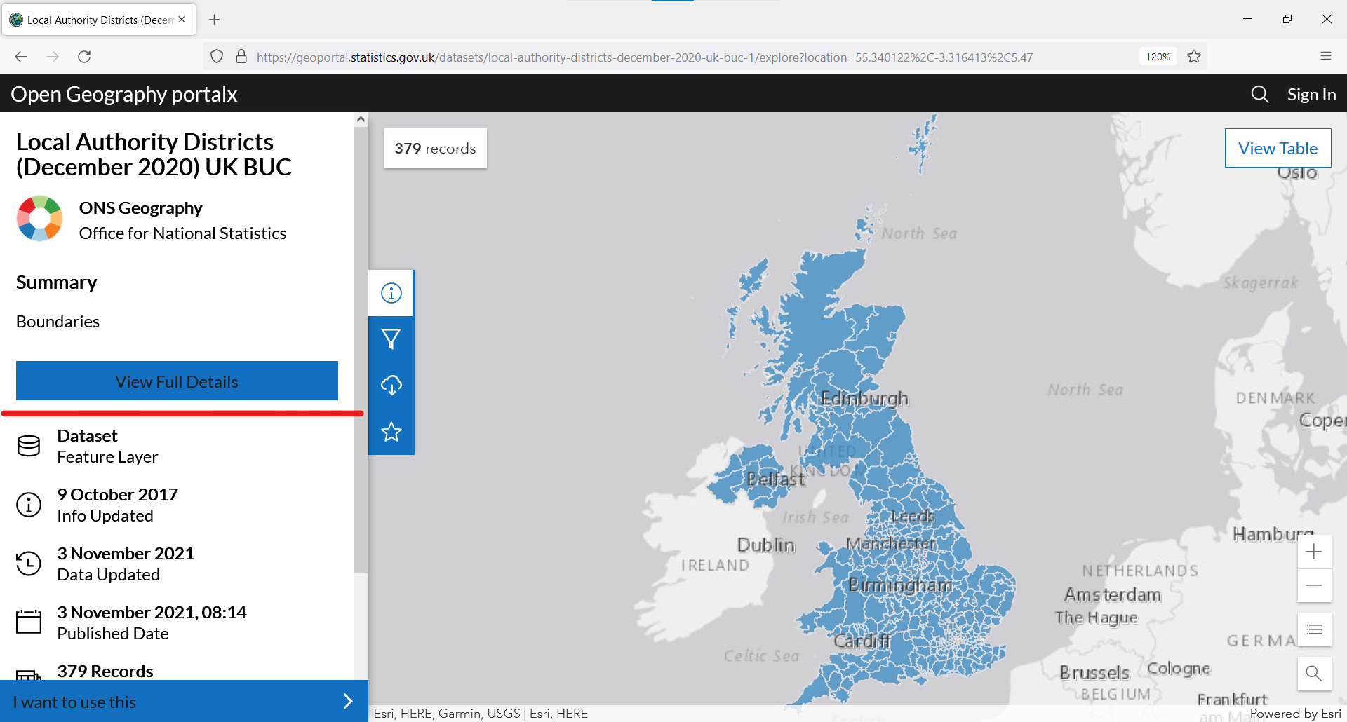 screenshot of a standard ONS Open Geography Portal page for geographic boundaries